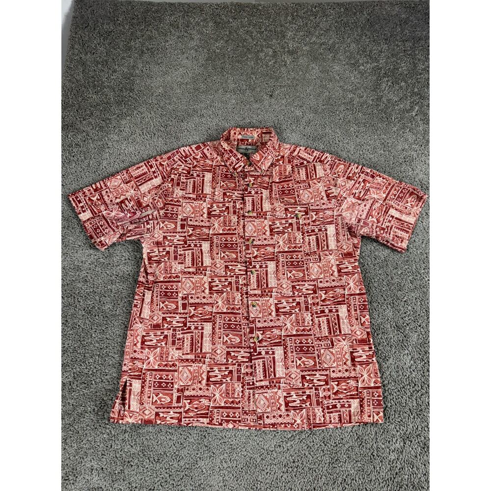 Hook & Tackle Shirt Mens L Red Batik Tribal Shirt Sleeve Cotton Button Up READ